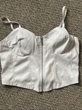 White Faux Leather Zip-Front Crop Top